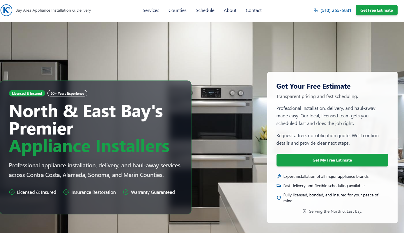 K2 Appliance Installation website screenshot